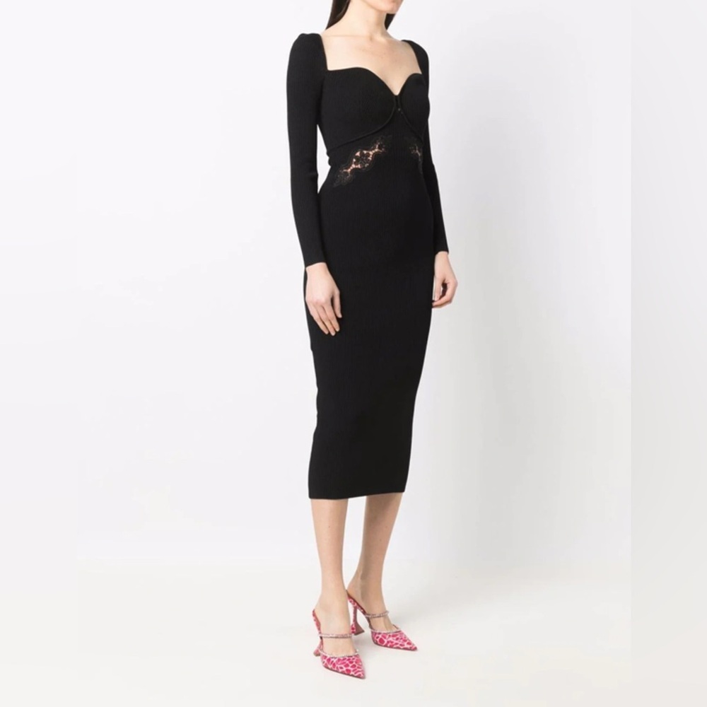 Self Portrait Black lace rib knit midi dress